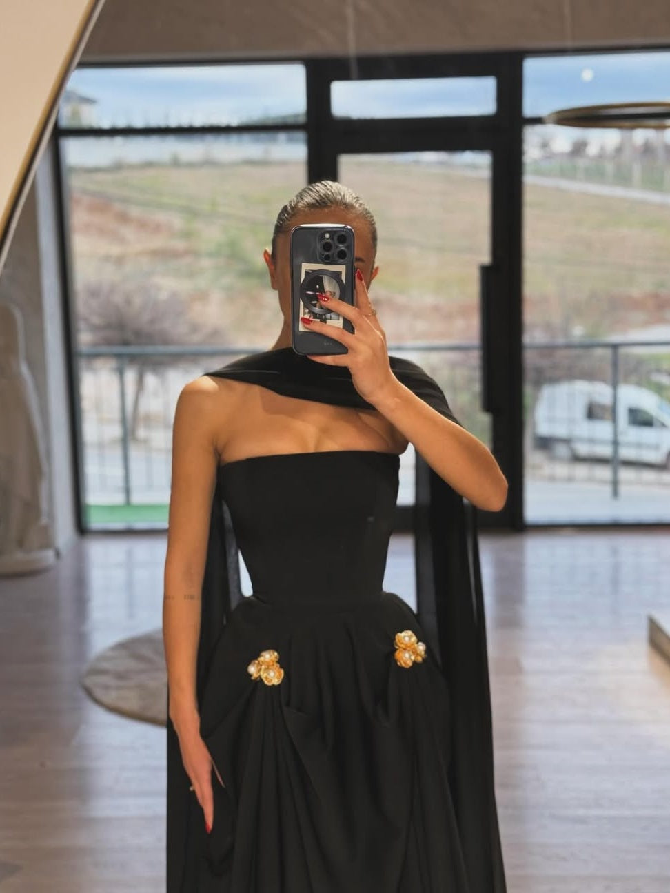 Flower Pearl Embellished Cape Dress