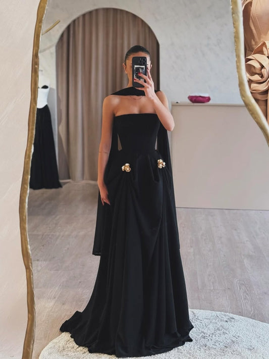 Flower Pearl Embellished Cape Dress