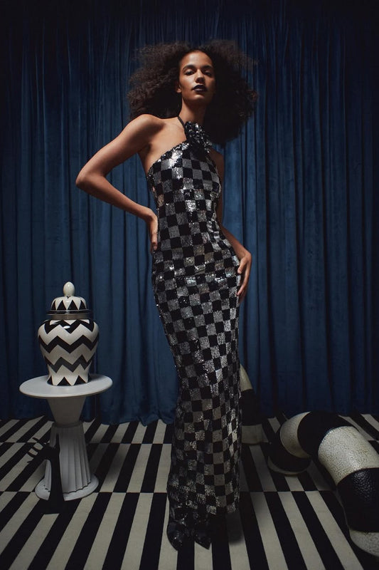 Halter Neck Sequin Checkered Maxi Dress Gown