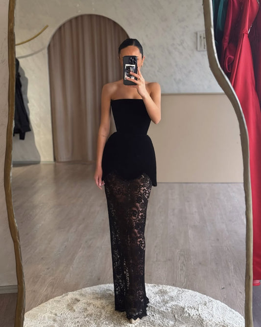 YS-Strapless Lace-detailed Pearl Trim Gown