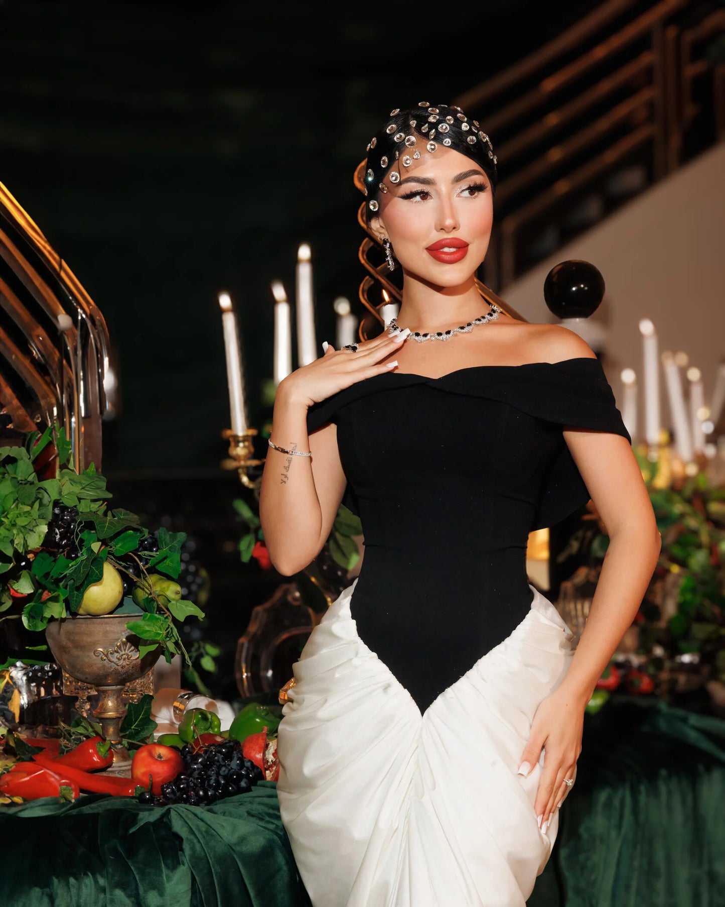 The Black-And-White Off-Shoulder Gown