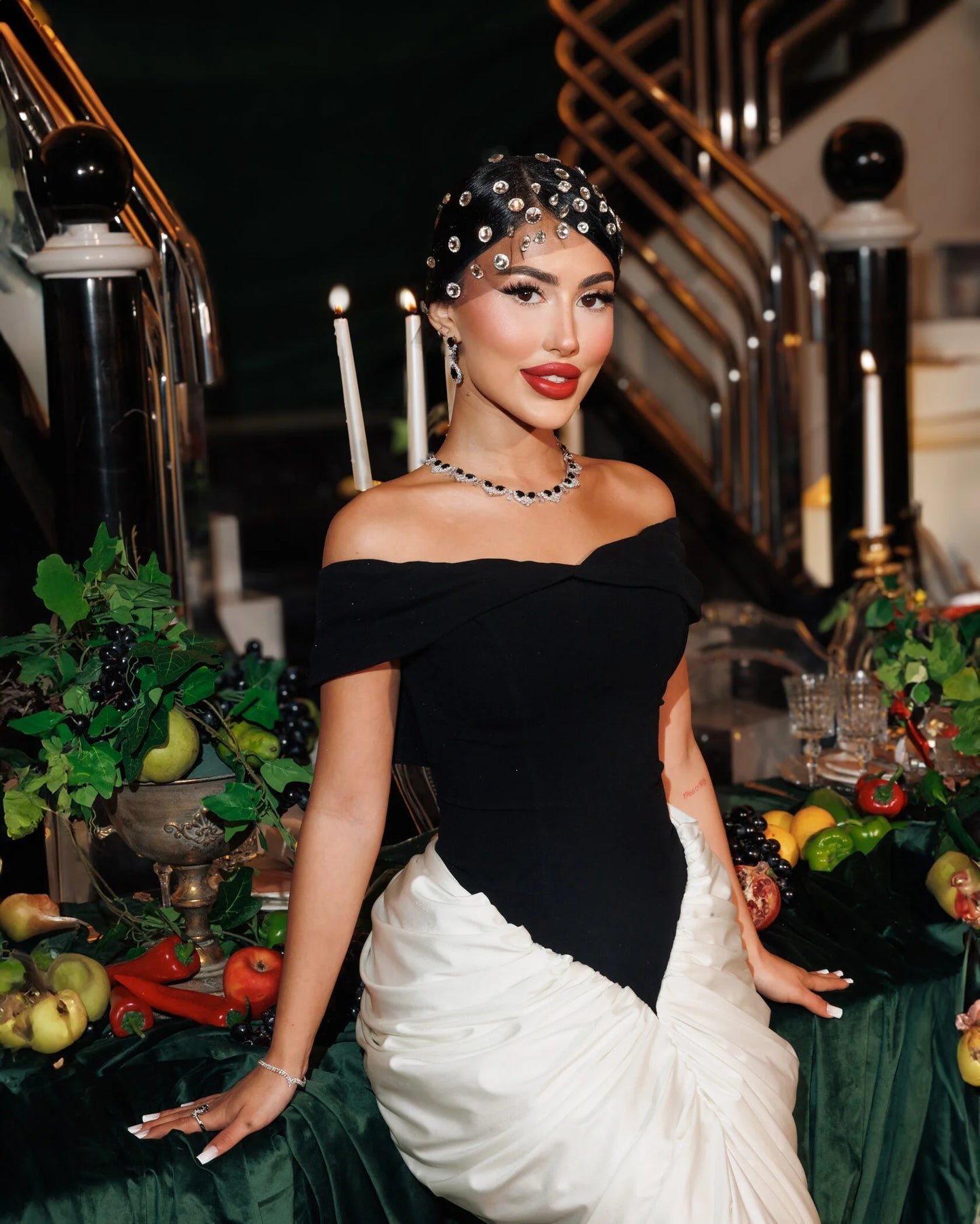 The Black-And-White Off-Shoulder Gown