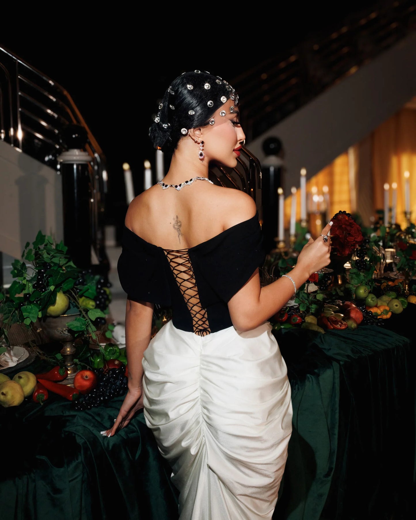 The Black-And-White Off-Shoulder Gown