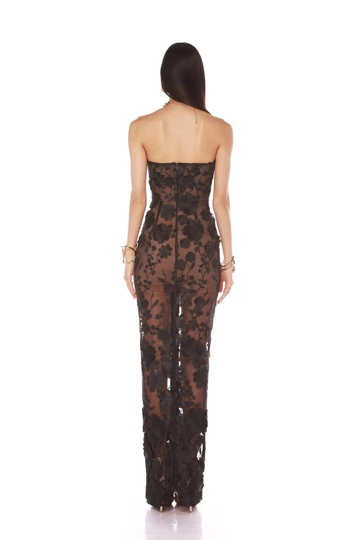Floral embroidered strapless gown