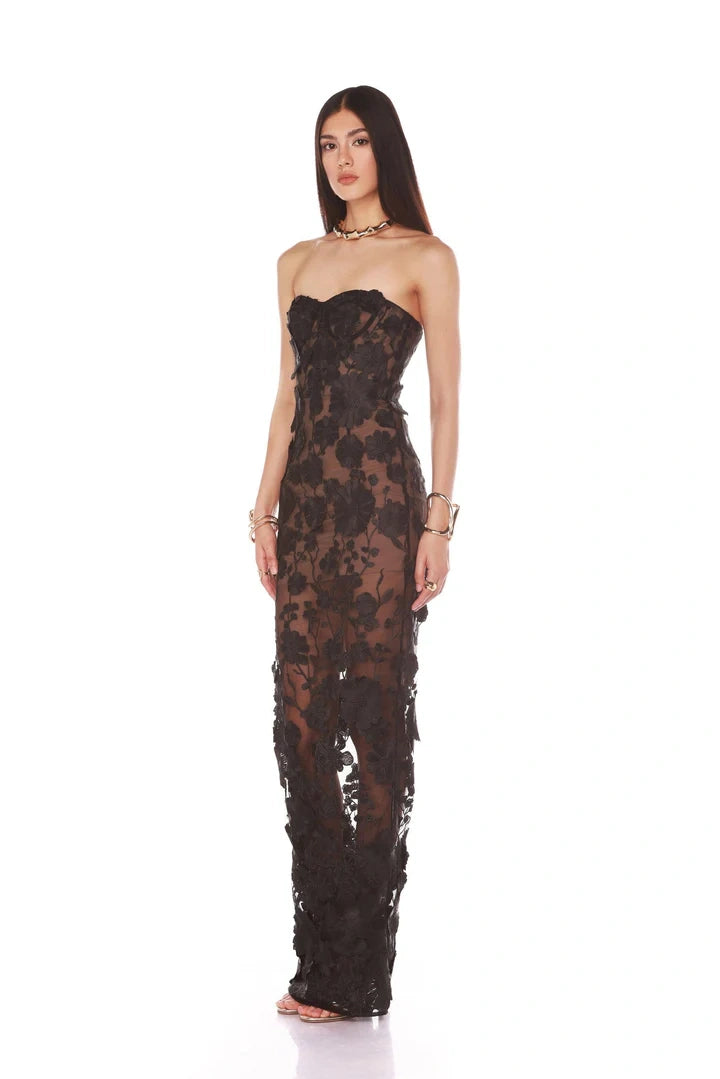 Floral embroidered strapless gown