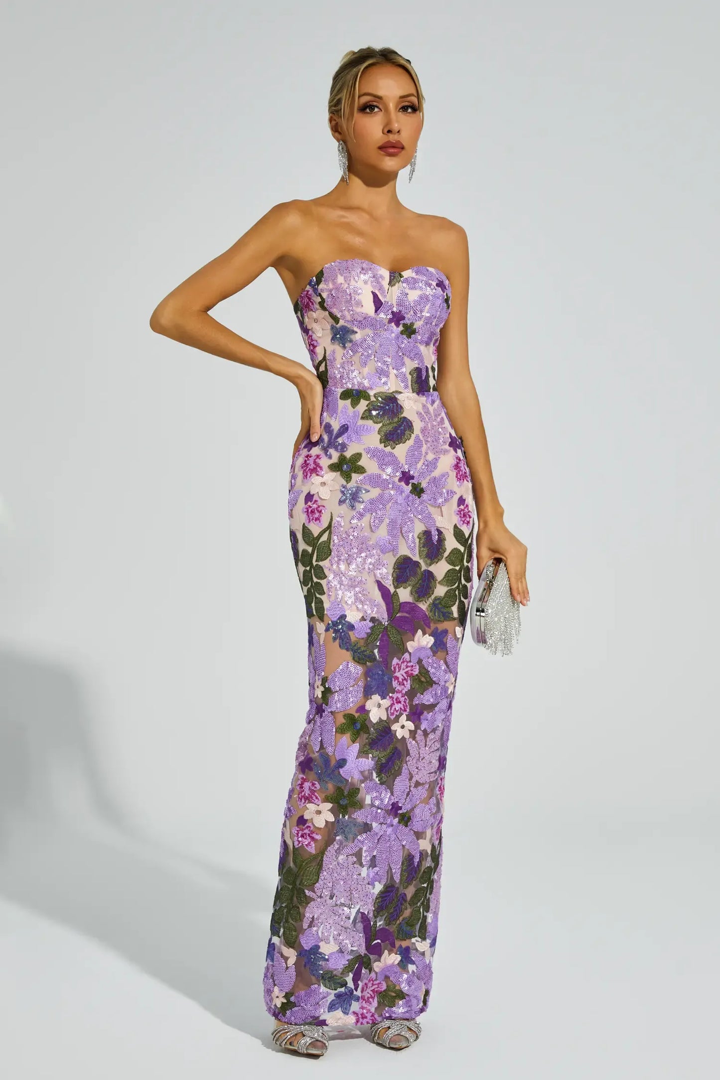 Floral Embroidered Strapless Maxi Dress