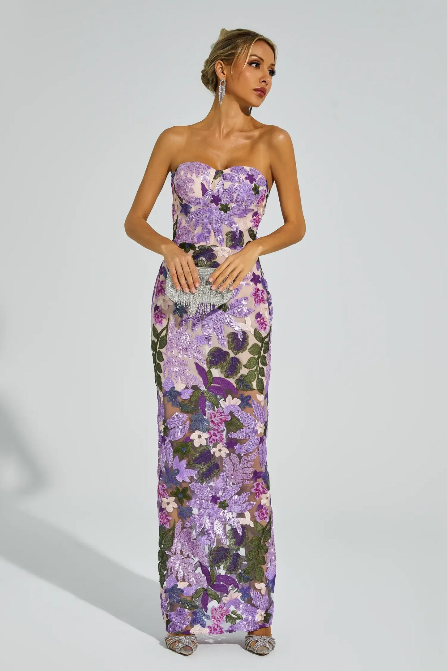 Floral Embroidered Strapless Maxi Dress