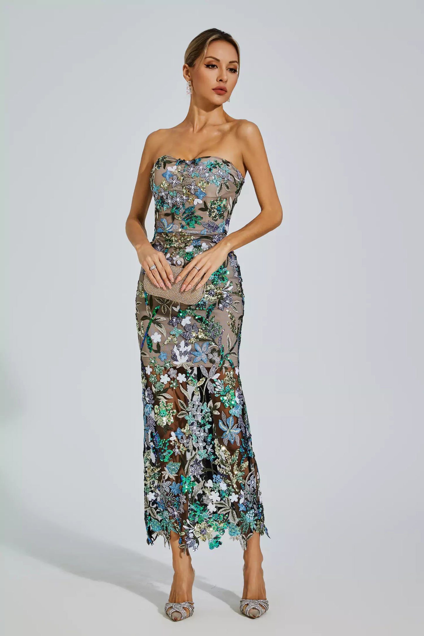 Floral Embroidered Strapless Maxi Dress