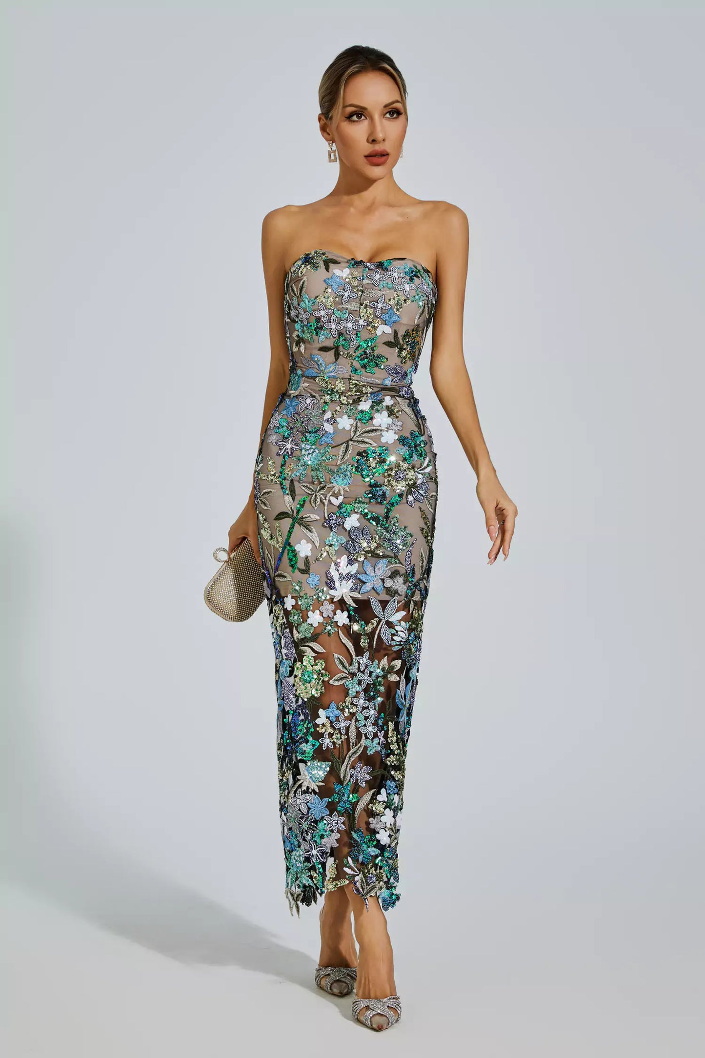 Floral Embroidered Strapless Maxi Dress