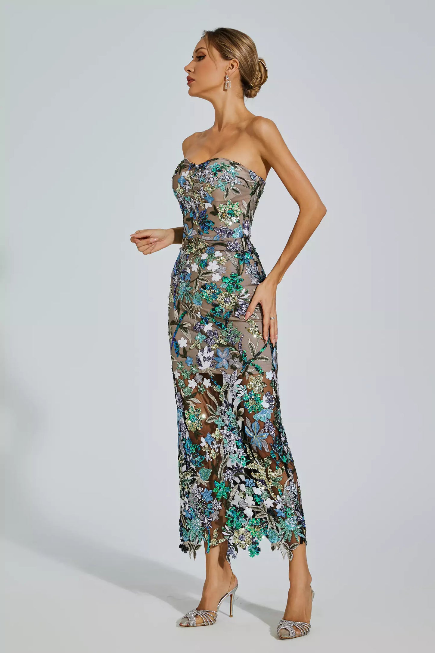 Floral Embroidered Strapless Maxi Dress