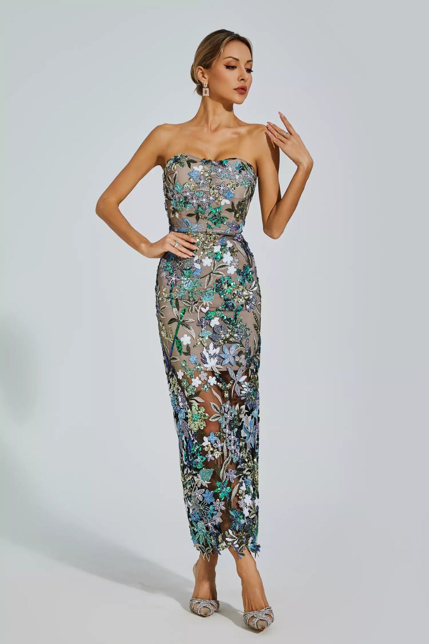Floral Embroidered Strapless Maxi Dress