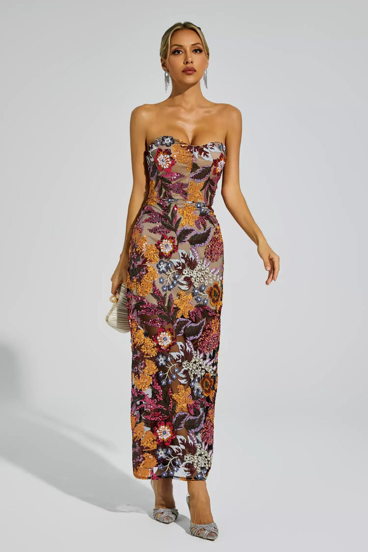 Floral Embroidered Strapless Maxi Dress