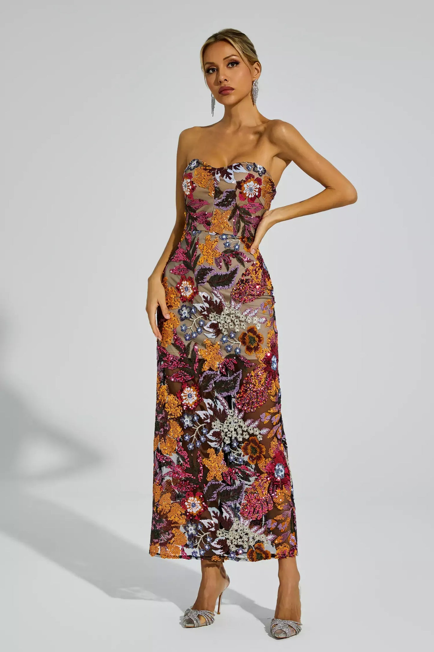 Floral Embroidered Strapless Maxi Dress
