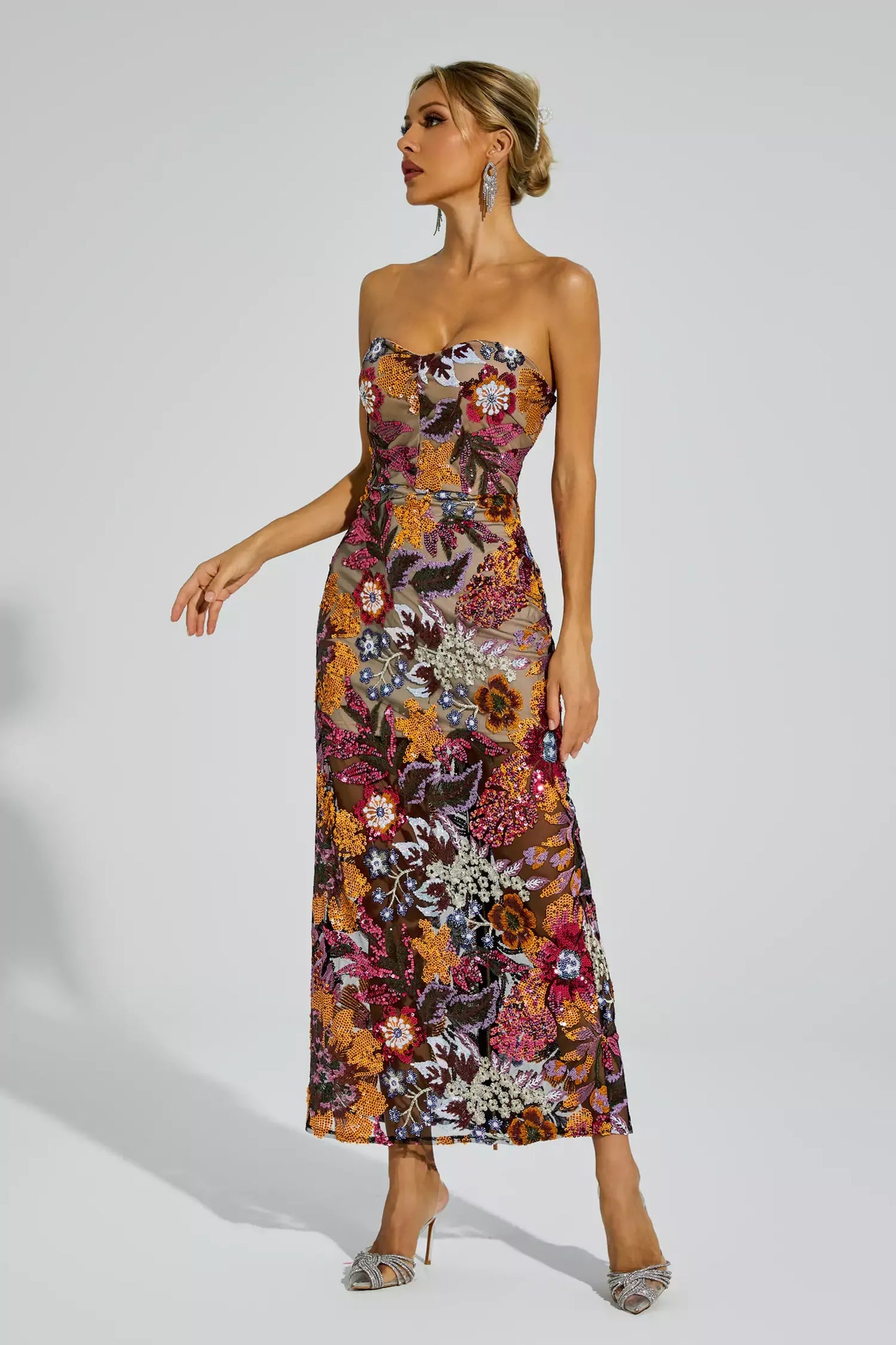 Floral Embroidered Strapless Maxi Dress