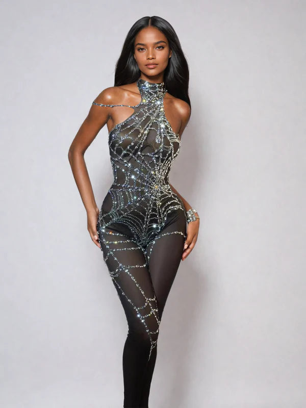 Sheer Mesh Halter Neck Slim Jumpsuit